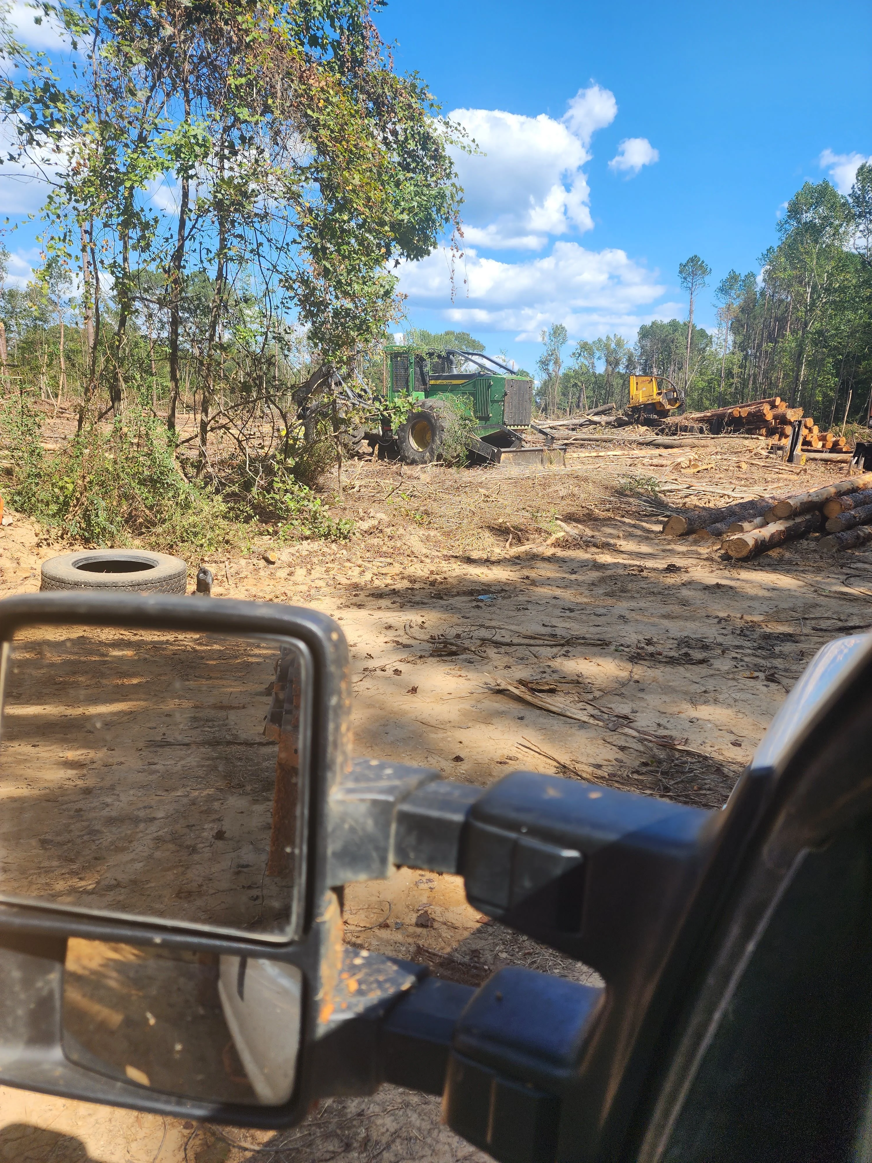 Excavation equipment clearing wooded land with stacked logs and heavy machinery on site