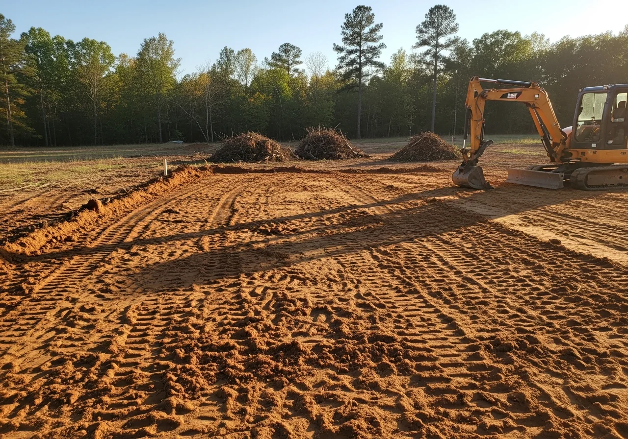 Excavator removing dirt and debris from residential lot in Decatur, Alabama with cleared foundation visible