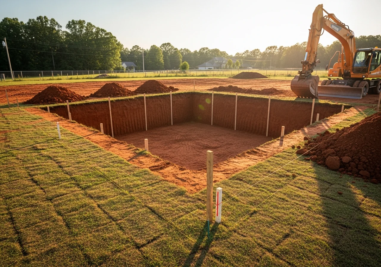 Excavated basement foundation pit with graded walls and cleared site in Florence, Alabama