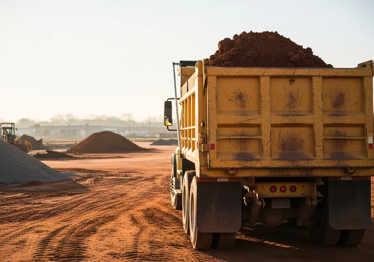 Sundown Excavation dump truck loaded with excavated soil material at Birmingham commercial site