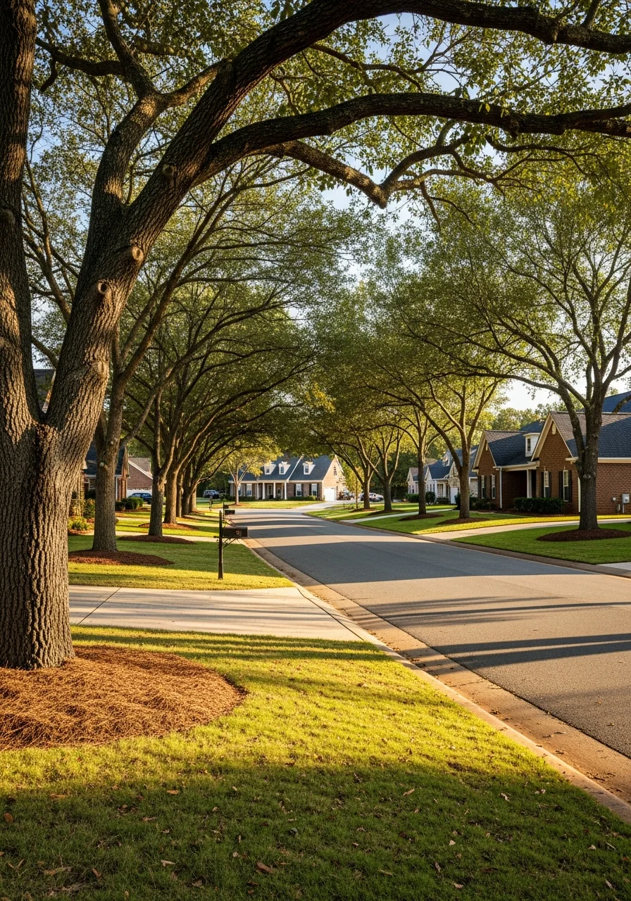 Huntsville residential neighborhood with contemporary homes, green lawns, and tree-lined streets.
