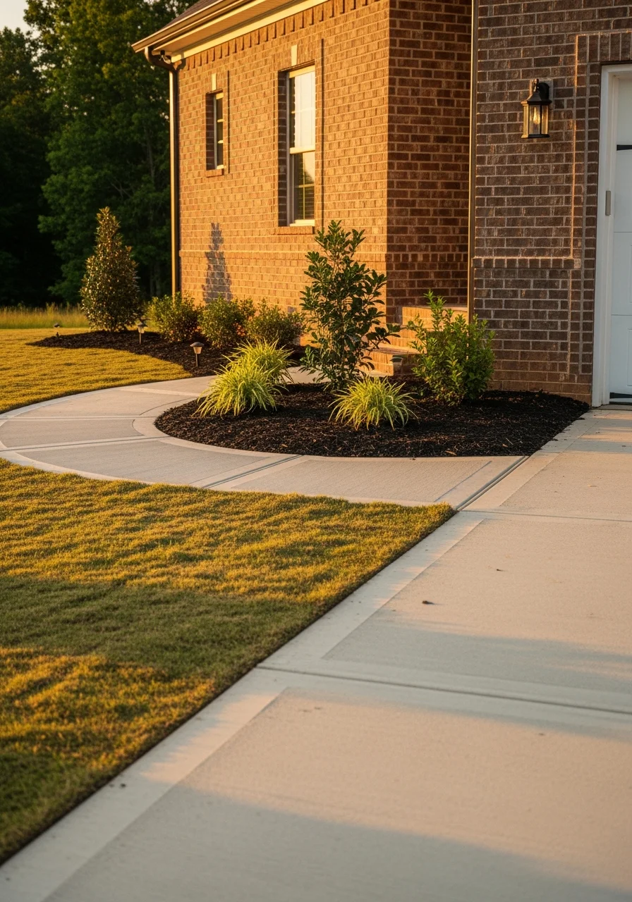 Close-up of a well-maintained Toney home exterior with professional landscaping and clear driveway.