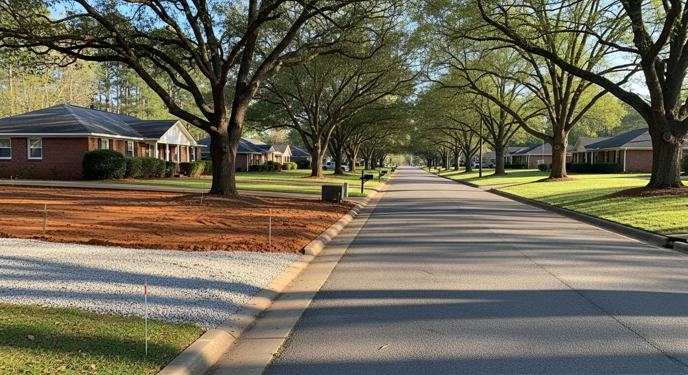 Residential street in Toney, Alabama with brick homes and mature trees lining the neighborhood.