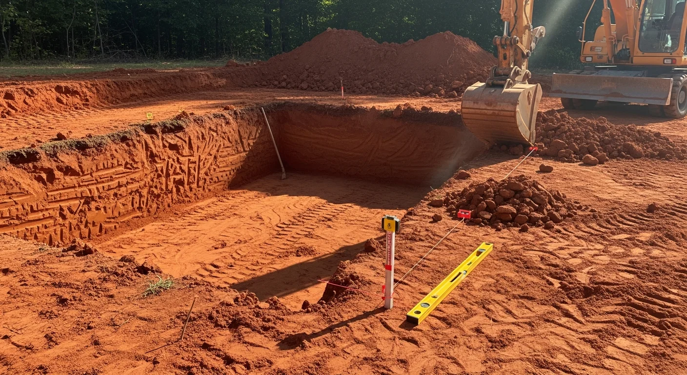A large excavator digging a deep rectangular basement pit on a residential lot in Toney, Alabama, with red clay spoil piled to the side and a cleared building pad visible at the bottom of the cut.