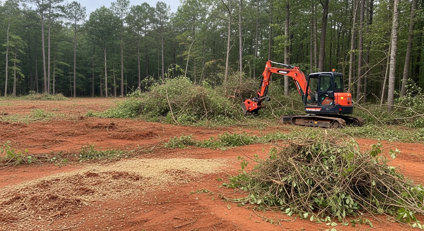 A cleared residential lot in Toney, Alabama showing bare ground and open space after brush removal, with cut stumps and removed undergrowth visible at the property edge. Heavy equipment tracks are visible across the site, indicating recent mechanical clearing work.