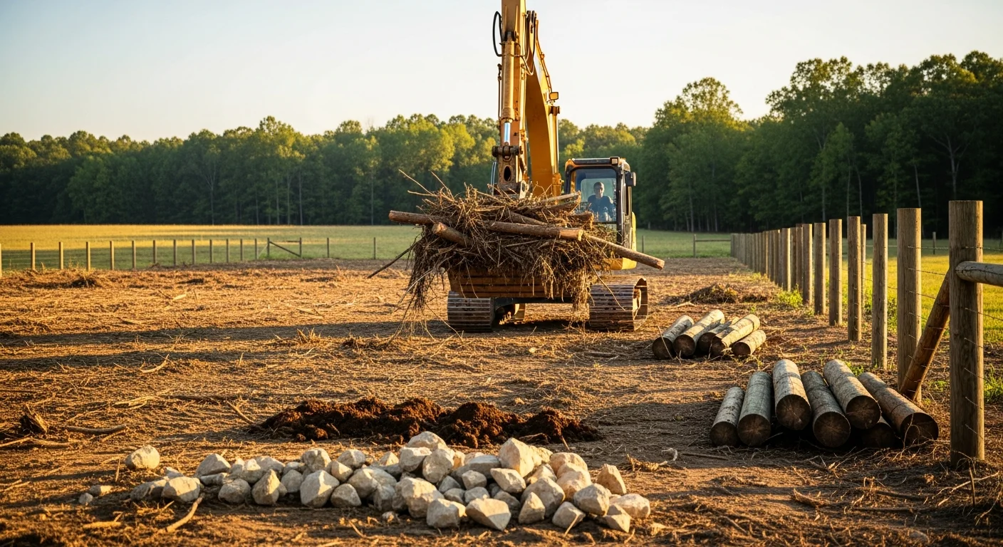 A cleared residential lot in Toney, Alabama after debris removal, showing bare ground free of brush, logs, and excavation waste. Heavy equipment tracks are visible across the leveled soil surface.