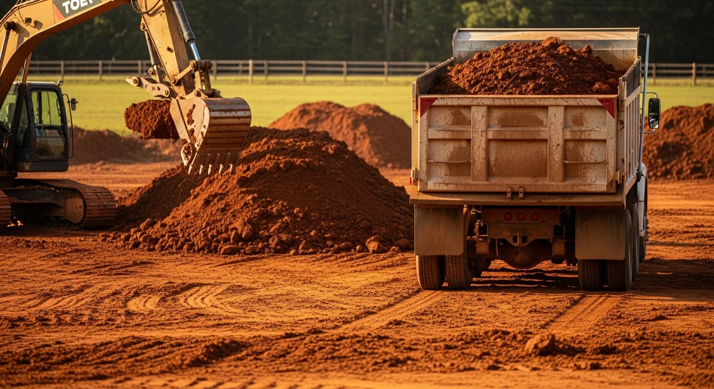 A Sundown Excavation LLC dump truck loaded with red clay soil being hauled from a residential lot in Toney, Alabama. The cleared site shows a level, graded surface ready for construction.