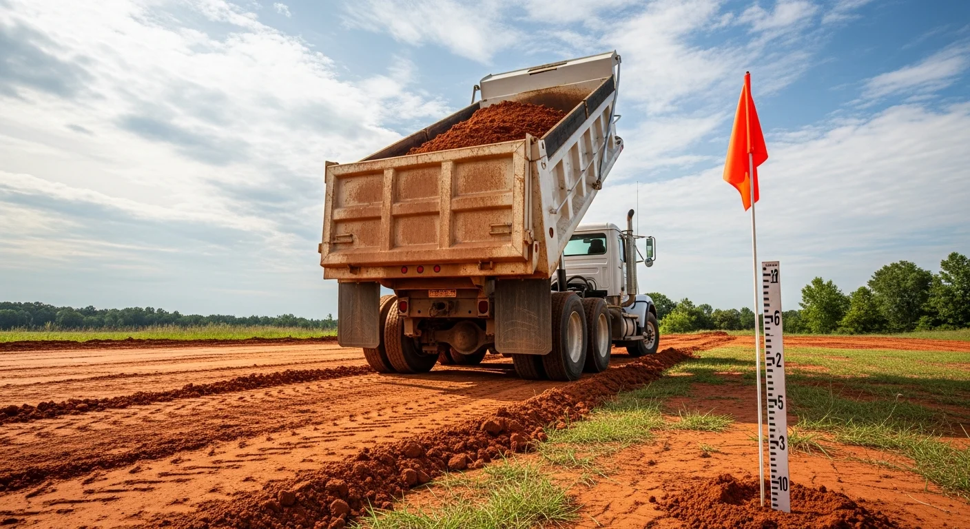 A dump truck unloading fill dirt on a residential lot in Toney, Alabama, with cleared ground and red clay soil visible in the foreground. The site is prepared for grading as part of a house pad or land development project.
