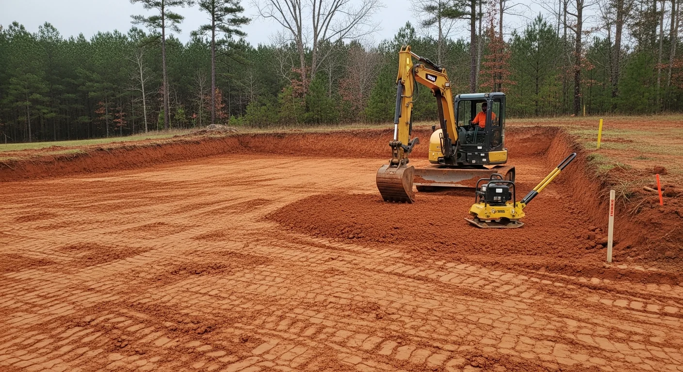 A tracked excavator grading a cleared residential lot in Toney, Alabama, with red clay soil visible and a tree line along the property edge. The freshly leveled pad is compacted and sloped away from the future home site.