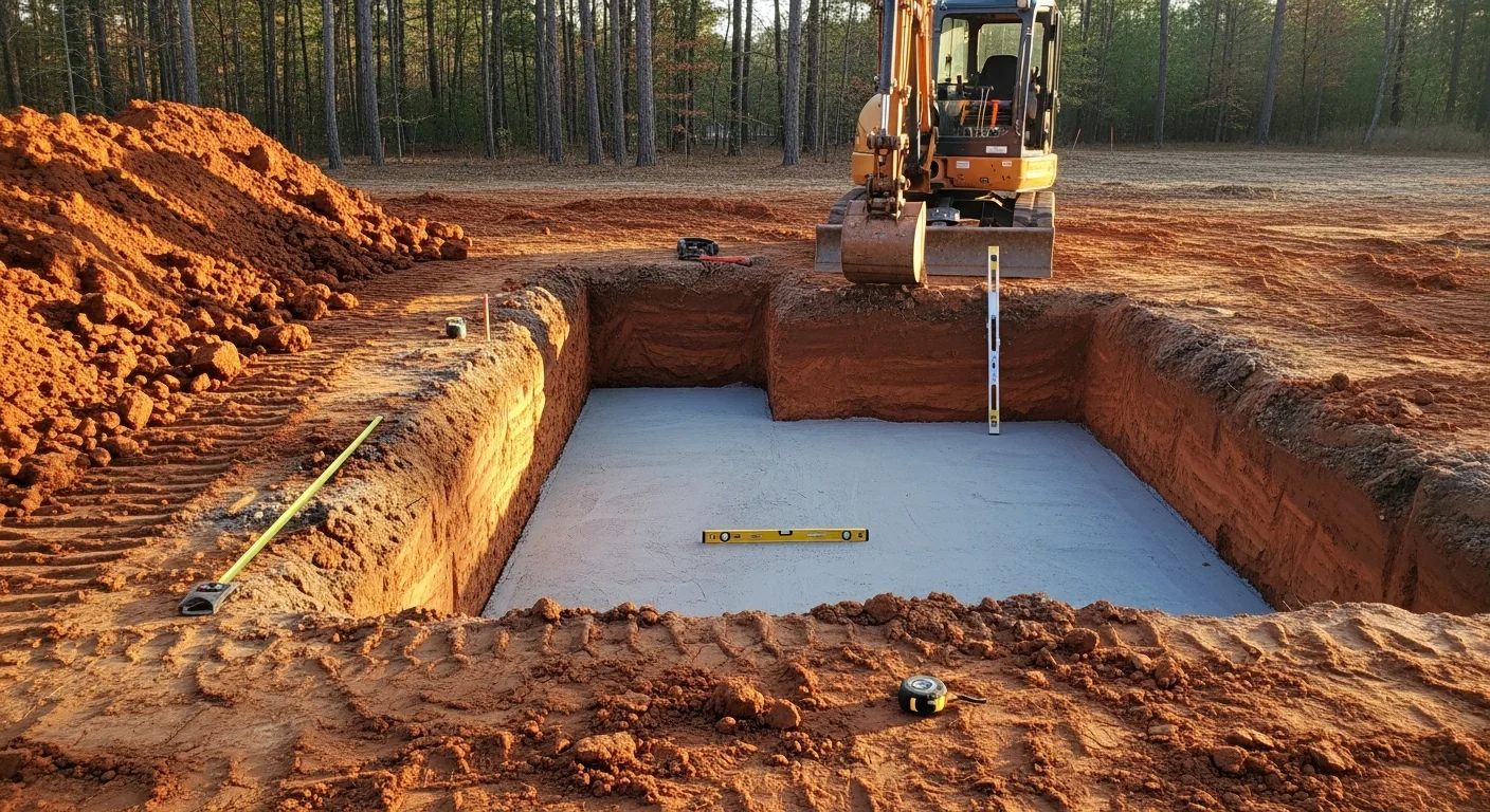 A residential foundation excavation in progress on a Toney, Alabama lot, showing a clean, level subgrade with shaped dirt walls ready for footer forming. A track excavator sits at the edge of the dig on a clay-soil site typical of Madison County.