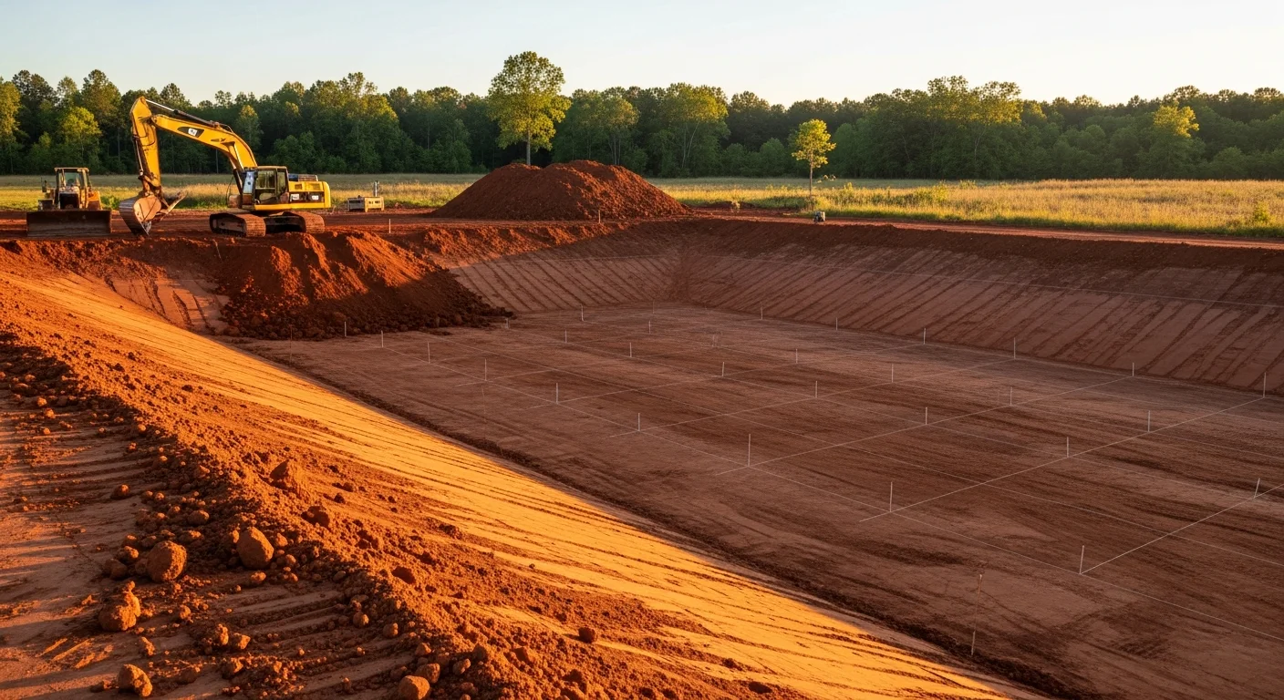 A freshly excavated lake basin on a rural Toney, Alabama property, showing shaped clay banks and cleared shoreline. Heavy excavation equipment sits at the edge of the completed earthwork on a clear day.