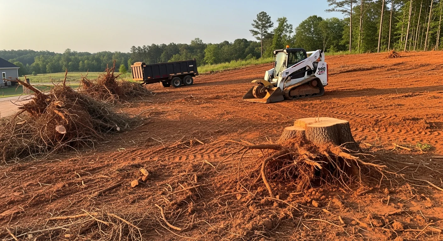 A freshly cleared residential lot in Toney, Alabama with stumps removed, debris hauled away, and level ground ready for construction. Heavy equipment tracks are visible in the clay soil at the edge of the cleared area.