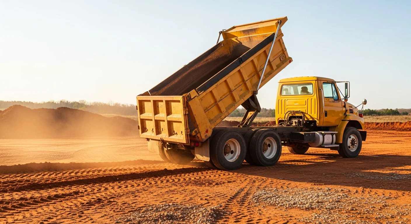 A dump truck loaded with excavated clay soil parked on a rural residential lot in Toney, Alabama, with cleared rolling terrain visible in the background. The site shows fresh dirt work in progress with no structures yet built.