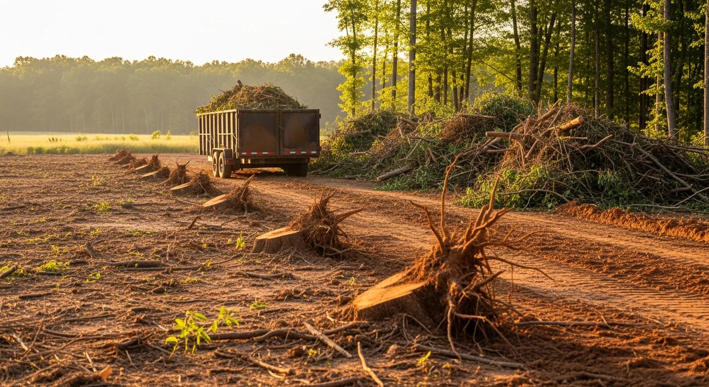 A Toney, Alabama residential lot after overgrown property cleanup by Sundown Excavation LLC, showing cleared brush, removed stumps, and graded bare ground ready for use. Heavy equipment tracks are visible at the edge of the cleared area where dense Alabama woodland was removed.