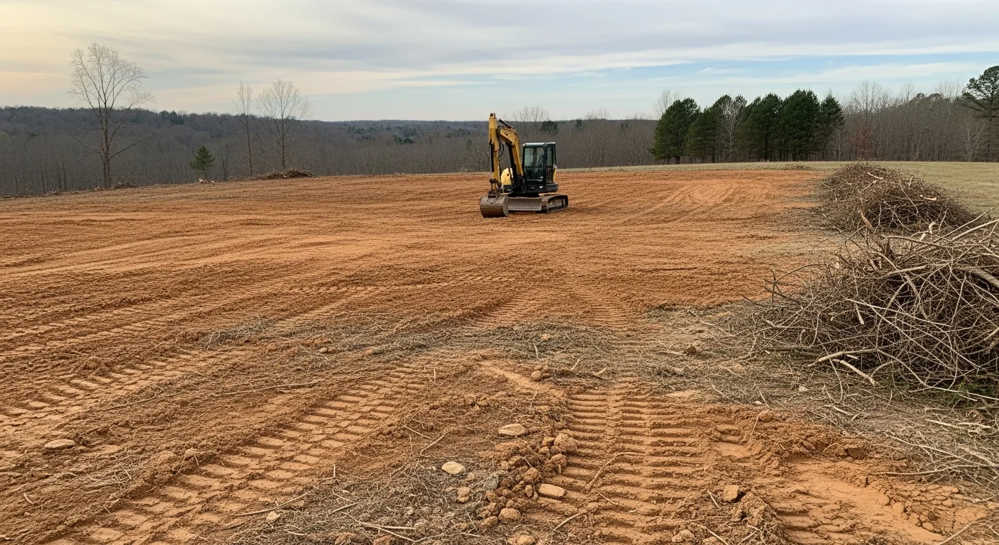 A cleared and rough-graded residential lot in Toney, Alabama after site cleanup, with debris removed and level ground exposed. Heavy equipment tracks are visible across the clay soil surface, showing recent dirt work activity.