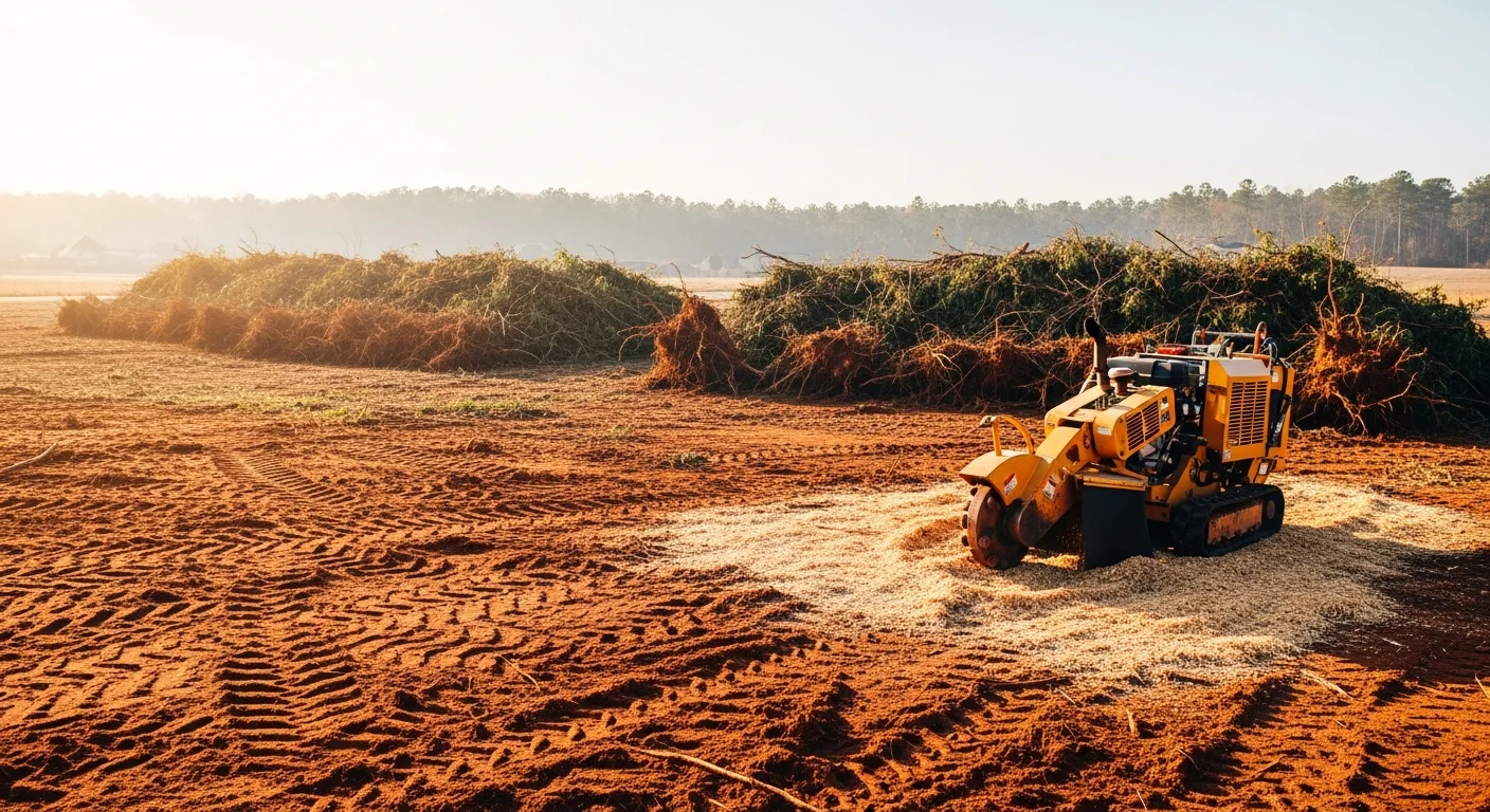 A freshly cleared residential lot in Toney, Alabama with stumps removed, brush hauled away, and rough grading completed across the open ground. A tracked excavator sits at the edge of the cleared site with surrounding tree line visible in the background.