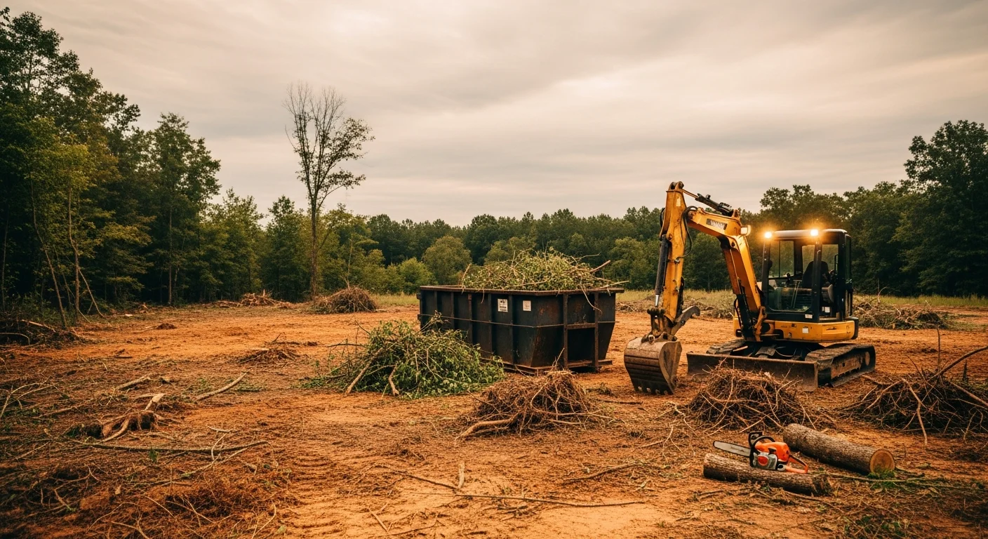 A cleared residential lot in Toney, Alabama showing bare ground and removed tree stumps after vegetation removal by Sundown Excavation LLC. Dense brush and overgrowth have been cut back and hauled away, leaving the property open and ready for site preparation.